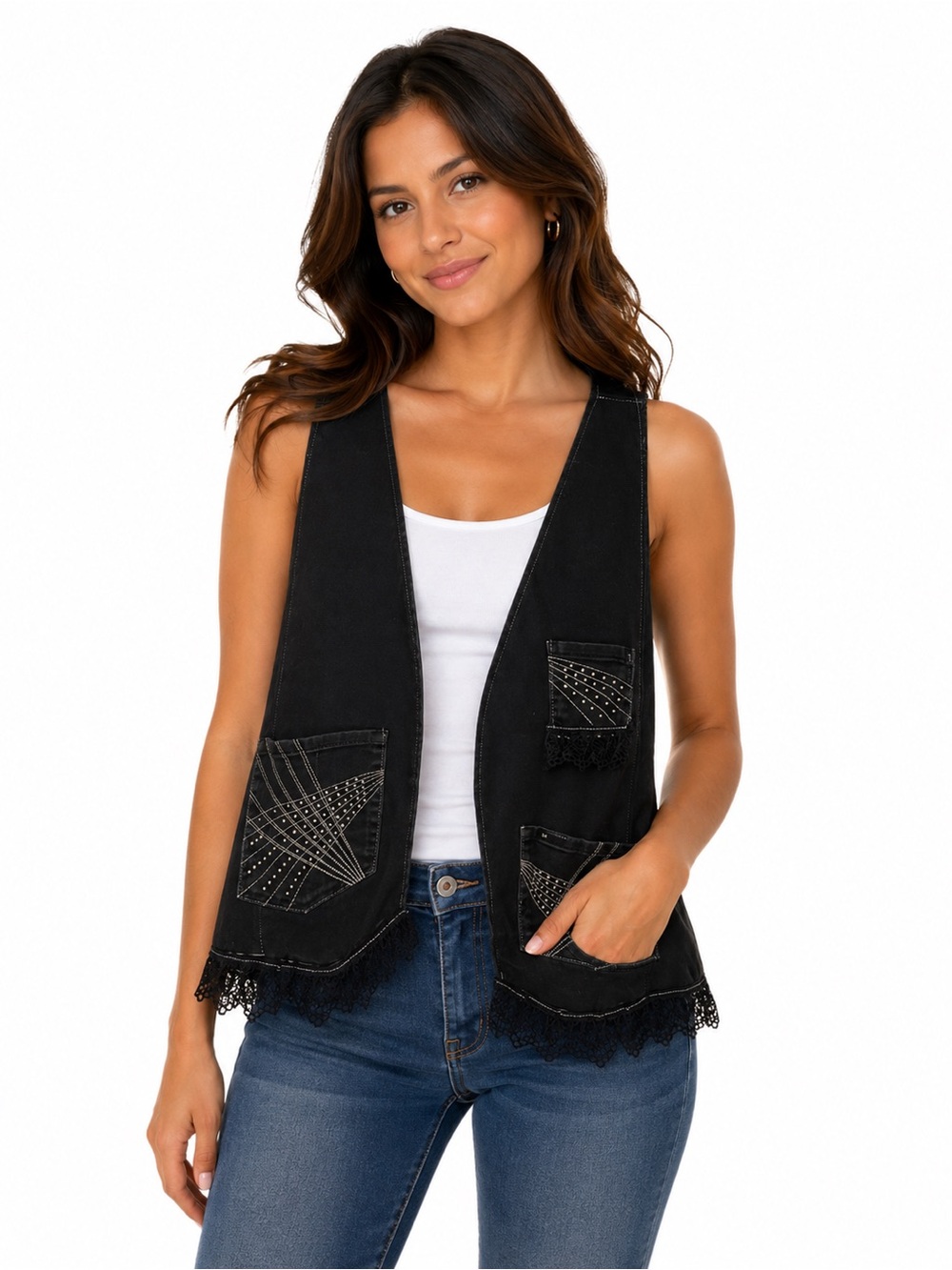 LEE Black Embellished Lace-Trim Vest